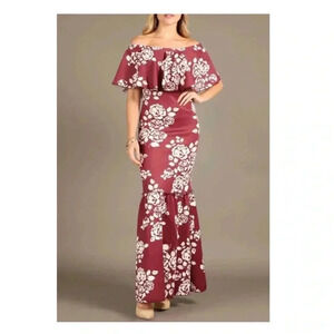 🆕NWOT Burgundy Floral Ruffle-Accent Off-Shoulder Dress M🆕